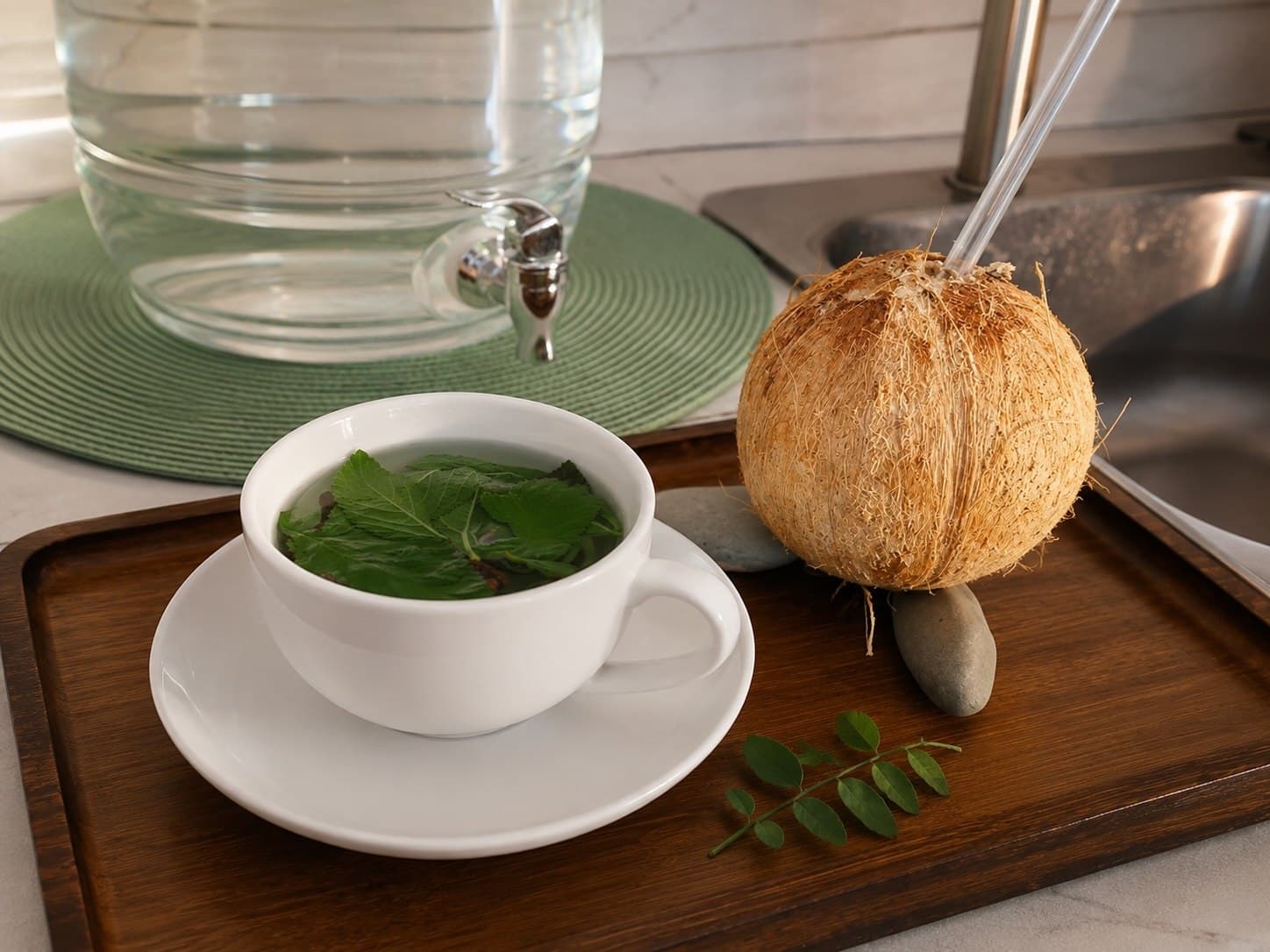 Cold pipa and hot tea prepared on a tray for Vitalara guests