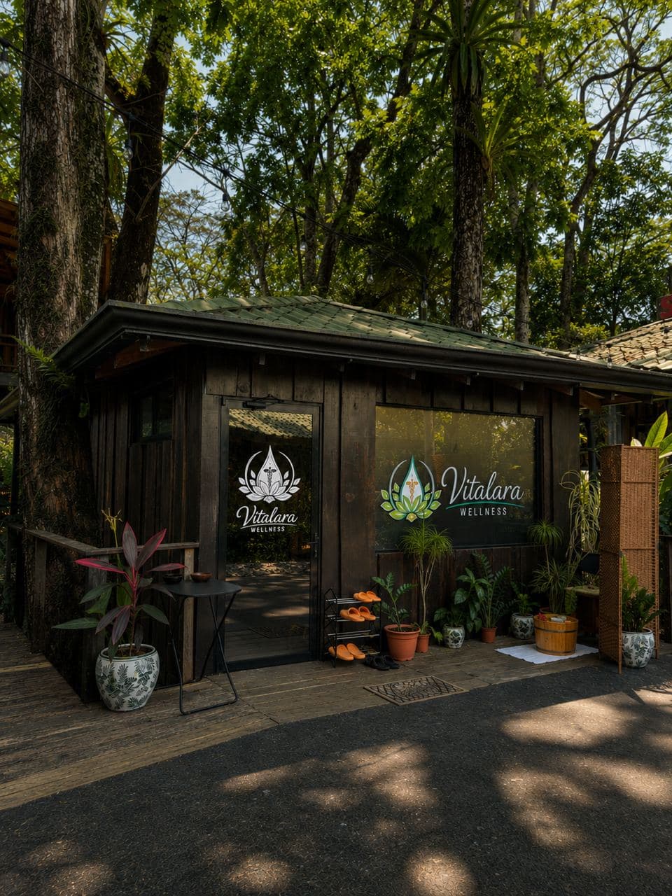 Front entrance of Vitalara Wellness beneath the tropical canopy