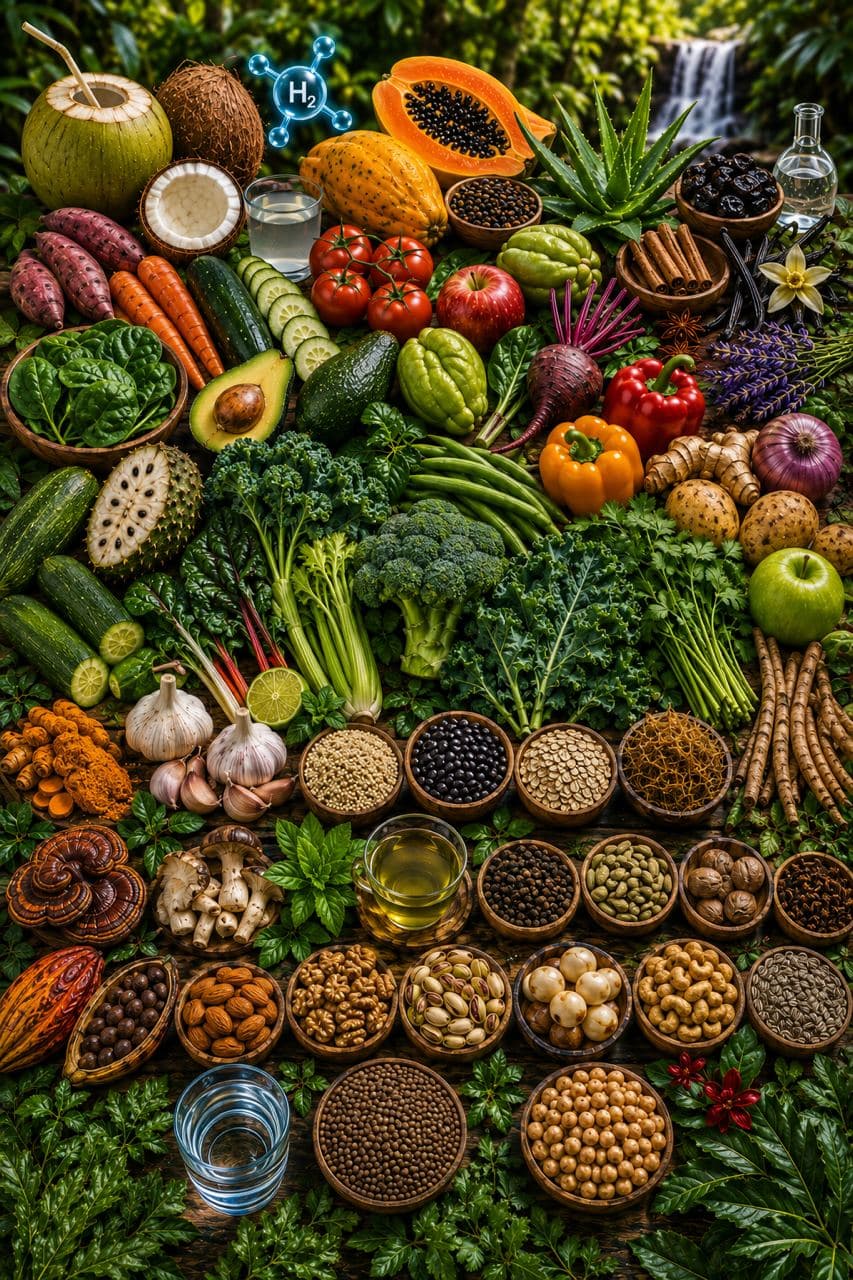 Fresh vegetables, fruit, nuts, seeds, and herbs used in Vitalara nourishment routines